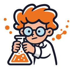 Cute cartoon scientist boy character. Kid doing a chemical experiment for a science logo or educational illustration.