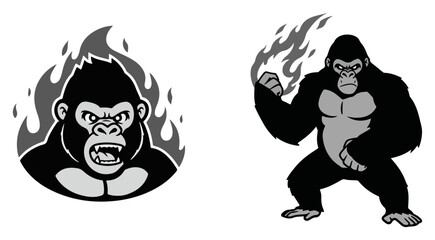 Set of angry gorilla mascots with fire. Fierce ape characters for a sports team or gaming logo.