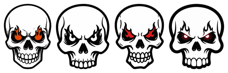 Angry Skull with Fire Eyes Vector Mascot and Tattoo Design Set
