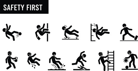 Workplace safety, occupational health, and accident prevention icons, illustrating common slips, falls, and trip hazards in industrial, construction, and corporate environments, featuring various 