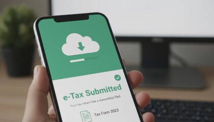 A phone displays the message "e-Tax Submitted," indicating successful tax submission, with a download icon in a modern digital environment.