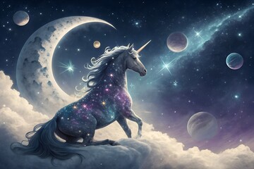 Dreamy Galaxy Unicorn Sitting on a Cliff at Night, Magical Unicorn with Starry Fur and Crescent Moon