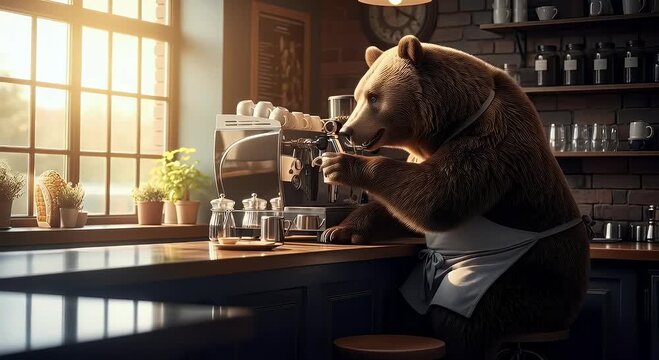 Bear barista making coffee at a counter with daylight
