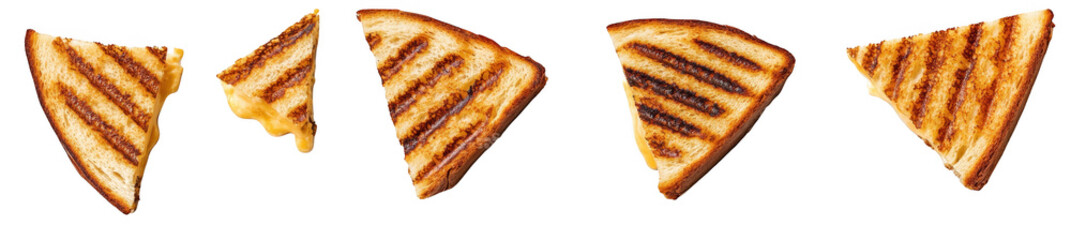 A sequence of grilled cheese sandwich slices varying degrees of meltiness and grill marks. arranged artistically on a white background. ideal for culinary presentations or food blogs
