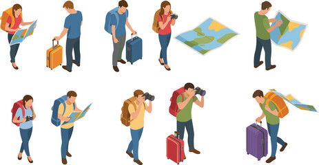 Isometric travelers illustration set backpackers tourists with luggage maps and cameras travel tourism adventure flat vector design