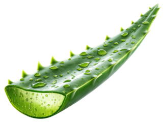 Realistic fresh aloe vera leaf segment with water droplets diagonal composition isolated on transparent background.