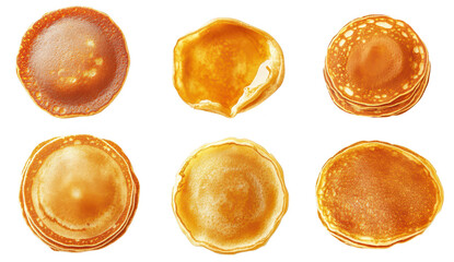A display of perfectly cooked pancakes in various shapes and sizes. a delicious breakfast spread against a clean. white background. ideal for culinary articles and food blogs