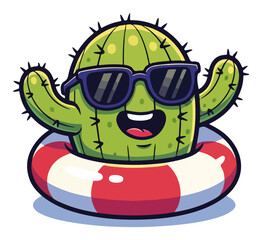 Cool cactus character with sunglasses relaxing in a pool float. Funny summer vacation mascot vector.