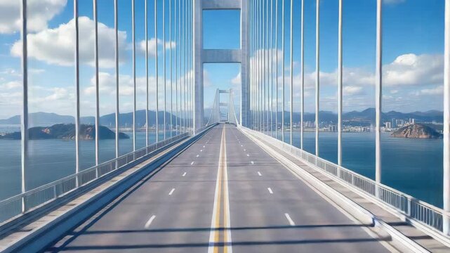 Suspension bridge roadway ocean sky cables tower railing lane horizon clouds over blue sea clear