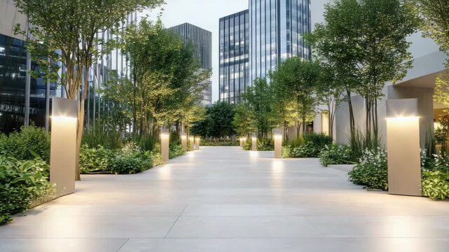 Urban walkway pathway lined with trees and illuminated bollard lighting creating calm modern