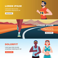 marathon runners banners. Male and female athletes running, fitness race. vector cartoon horizontal banner.