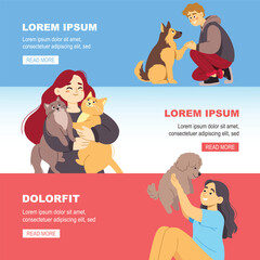 pets and owners. cartoon characters care their cats and dogs. vector cartoon horizontal banner.