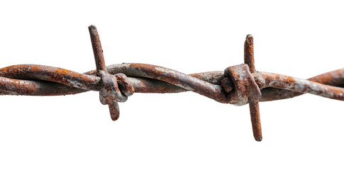 Close-up view of a rusty barbed wire strand. its twisted structure and aged texture. against a plain white background. ideal for themes of confinement or rustic elements