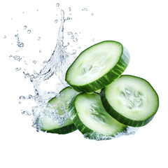 Freshly sliced cucumber pieces splashing into clear water. creating a refreshing and scene. perfect for culinary. health. or wellness themes