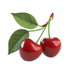 A pair of red cherries with lush green leaves. their glossy texture against a clean white background. ideal for food-related content and culinary uses