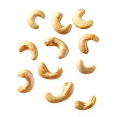 A dynamic arrangement of roasted cashew nuts floating against a clean white background. their unique shapes and textures. perfect for culinary or snack-related imagery