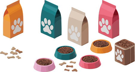 Pet food packaging set with bowls treats and containers 3d isometric illustration for dog and cat nutrition concept