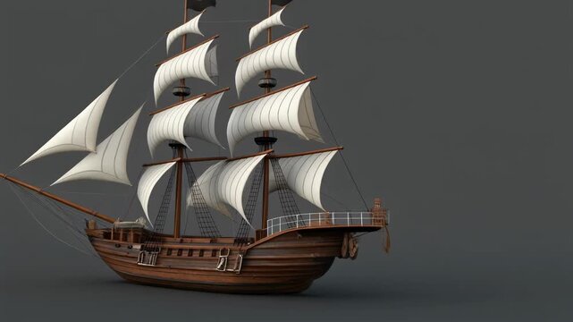 Detailed 3D render of a classic wooden sailing ship with multiple white sails against a plain grey background.