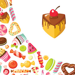 candy tasty sweets. corner shaped background with lollipops sugar caramel marshmallows. vector cartoon background.