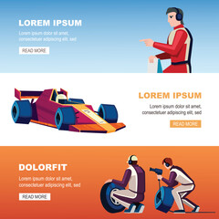 pit stop crew banner. formula car mechanics, team uniform, professional technicians and engineers. vector cartoon horizontal banners.