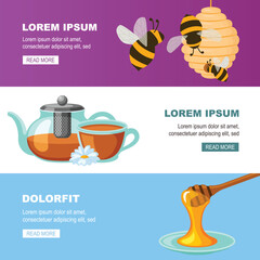 apiary honey banner. beekeeping mead bee house, pot spoon dipper. vector cartoon horizontal flat banner.