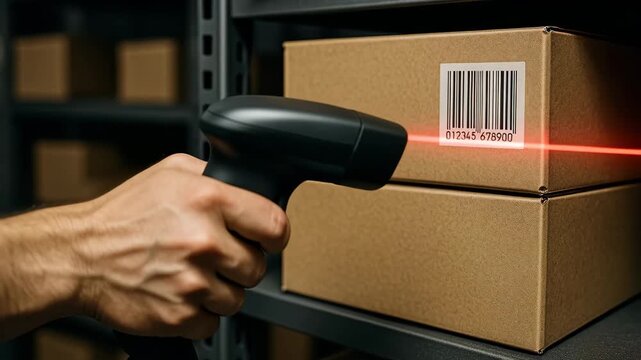 A close-up of a worker's hand holding a handheld scanner, aiming a red laser beam to read a barcode on a cardboard box stacked on a warehouse shelf, symbolizing inventory, logistics, shipping, and sup
