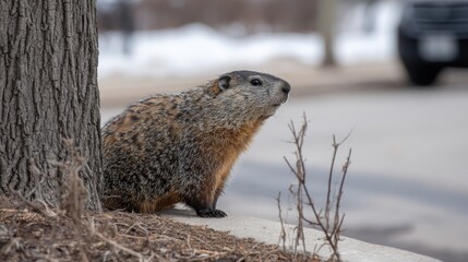 Obraz premium Groundhog standing near tree and looking toward street on cloudy early spring day. Groundhog Day themes and seasonal storytelling