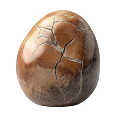 A beautifully cracked brown stone egg resting on a white surface. its intricate textures and patterns. ideal for use in natural history or geology contexts