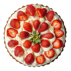 A beautifully decorated strawberry tart with fresh strawberries and whipped cream. set on a white background. perfect for dessert photography or culinary presentations