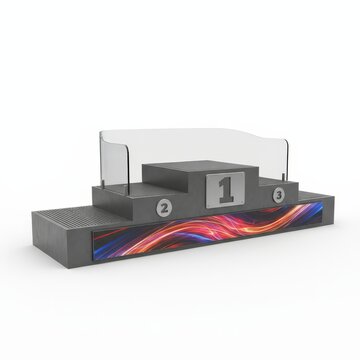 A modern podium with three levels, featuring vibrant digital graphics and numbered placements for first to third positions.