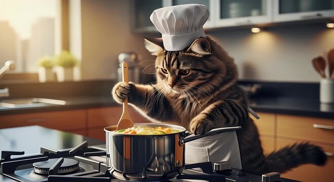 Cat chef cooking in a kitchen setting using cooking utensils