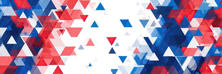 Abstract triangles in red, white and blue form a geometric banner. Dynamic and modern design