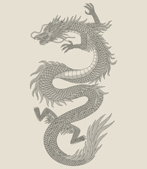 Japanese ancient dragon, Vintage engraving drawing style illustration