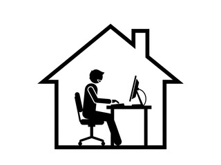 A clean vector-style diagram of a person working at a desk inside a geometric house outline. The stick figure appears in precise side profile, seated on a simplified chair, typing on a keyboard with a