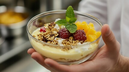 Delicious Dessert Bowl with Fresh Fruits and Granola held by Chef