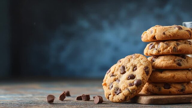 Golden chocolate chip cookies stacked beside a glass of milk on a wooden board, inviting indulgence