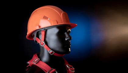 Safety helmet on a mannequin head in a dark industrial environment, illustration