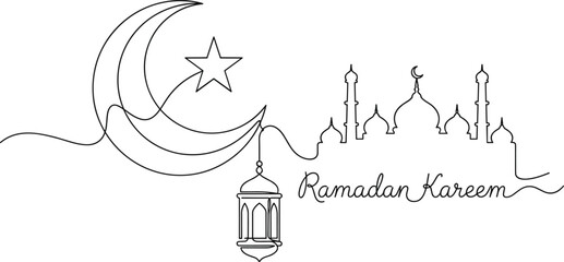 Obraz premium Ramadan Kareem Line Art, Crescent Moon, Mosque Silhouette, Islamic Lantern, Festive Greeting, Minimalist Style, Religious Celebration, Spiritual Symbol