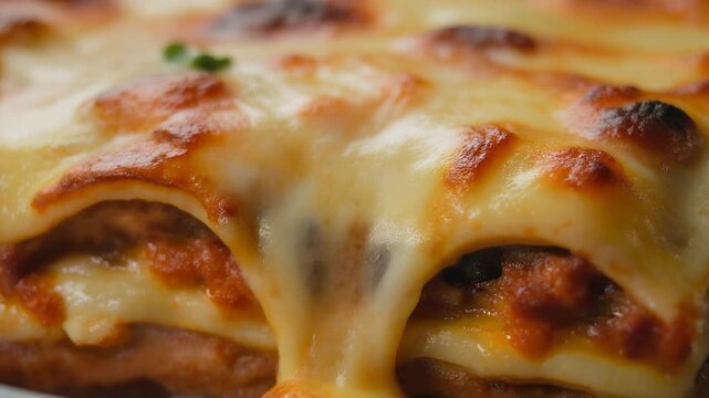 Close-up of a delicious, freshly baked cheesy lasagna, a classic Italian comfort food dish, showcasing layers of pasta, rich meat sauce, and melted mozzarella cheese