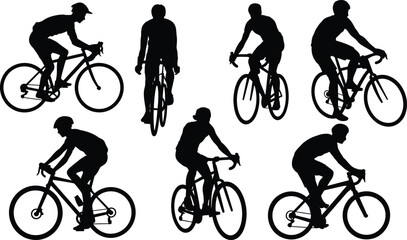 Obraz premium Silhouette cyclists in motion on road bikes, showcasing dynamic riding postures, speed, and athletic energy for sports and fitness themes.