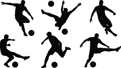 Soccer player silhouette vector set showing dynamic football poses like kicking, dribbling, and acrobatic moves for sports design themes