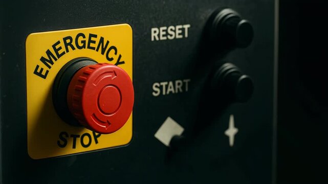 A finger presses a large, red emergency stop button on a yellow warning plate, mounted on a dark industrial control panel next to "START" and "RESET" buttons, symbolizing machine safety, immediate shu