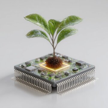 Green sprout growing from a circuit board
