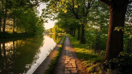 Obraz premium Yellow and green autumn leaves carpet the path in the park