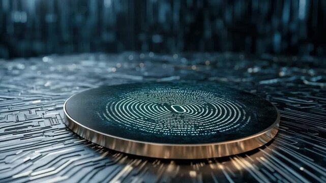 Circular biometric sensor futuristic circuit surface glowing with cool teal light fingerprint
