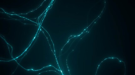 Abstract neural network of glowing cyan fiber optic cables and light particles on dark background. Digital data transfer, artificial intelligence, and futuristic biotechnology concept.