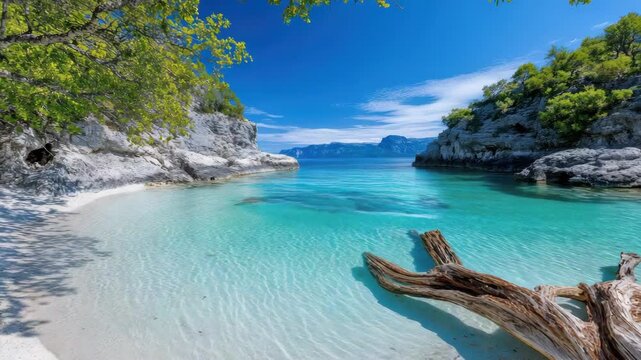 Turquoise cove white sand rocky cliff driftwood leafy tree turquoise lagoon white sand cove serene