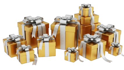 Golden Gift Boxes with Silver Ribbons on White Background