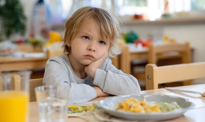A 5-year-old disappointed child sitting in a kindergarten cafeteria. In front of the child is a plate inedible gray food