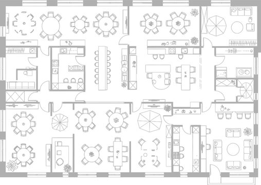 Architectural blueprint illustrating the comprehensive floor plan of a contemporary open-plan office space